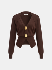 Metal Button V-Neck Knit Cardigan
