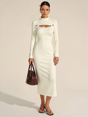 Stand Collar Long Sleeve Cut-Out Fitted Dress