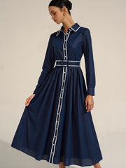 Contrast Trim Belted Pleated Shirt Dress