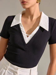 Contrast Lace Collar Cotton Blend T-Shirt