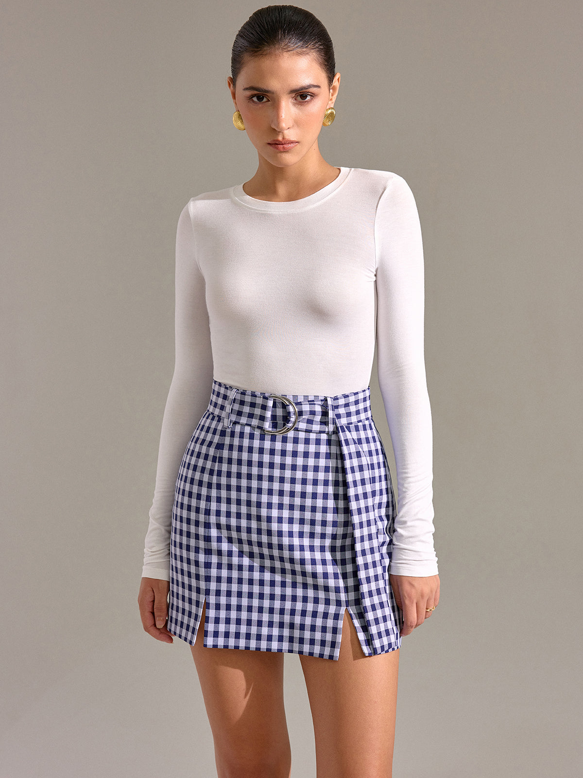 Belted Vintage Gingham Split Mini Skirt