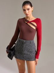 Asymmetric Two-Tone Cut-Out Long Sleeve Blouse