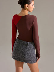 Asymmetric Two-Tone Cut-Out Long Sleeve Blouse