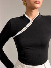 Contrast Trim Mandarin Collar Fitted T-Shirt