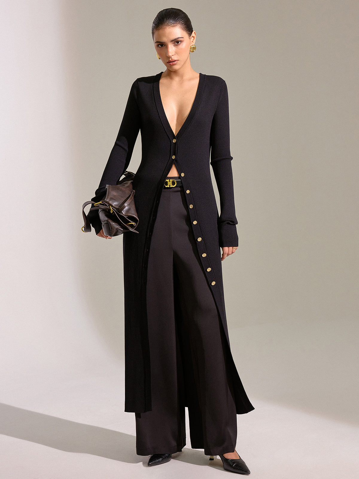 Metal Button Longline Knit Cardigan Dress