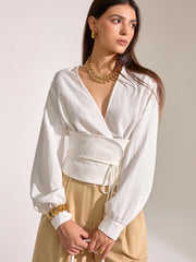 Cinched Waist Tassel Tie Wrap Blouse