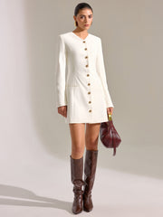 Metal Button-Front V-Neck Mini Dress