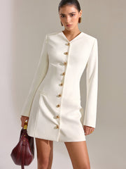 Metal Button-Front V-Neck Mini Dress