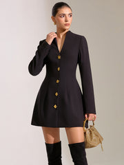 V-Neck Long Sleeve Metal Button Mini Dress
