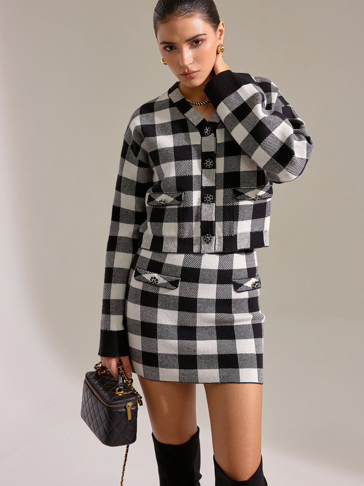 Checkered Wool Blend Button Cardigan