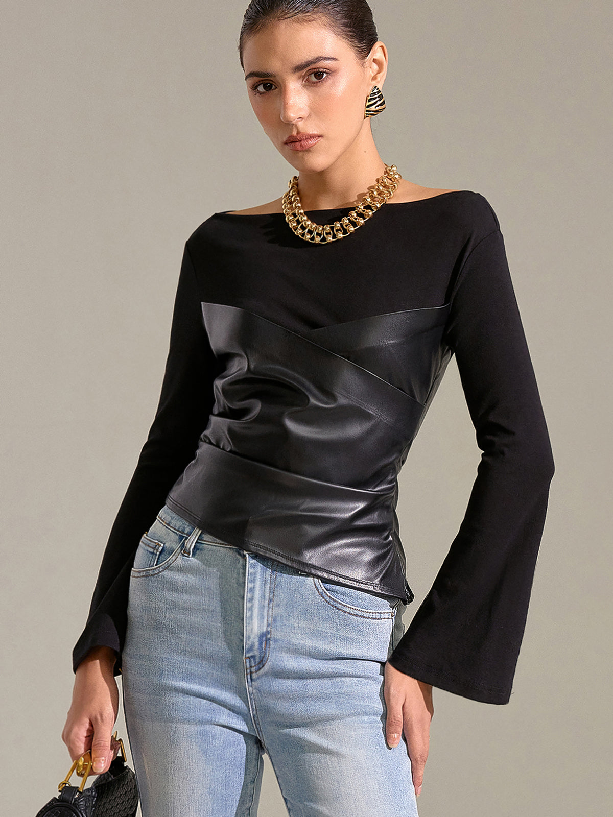 Flared Sleeve Faux Leather Panel Knit Top