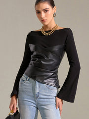 Flared Sleeve Faux Leather Panel Knit Top