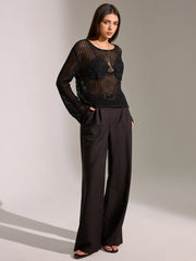 Sheer Openwork Crochet Long Sleeve Top