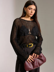 Sheer Openwork Crochet Long Sleeve Top