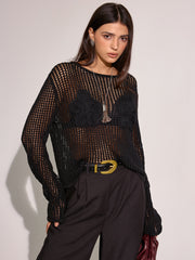 Sheer Openwork Crochet Long Sleeve Top