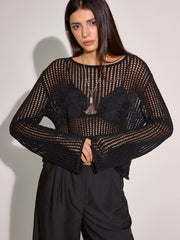 Sheer Openwork Crochet Long Sleeve Top