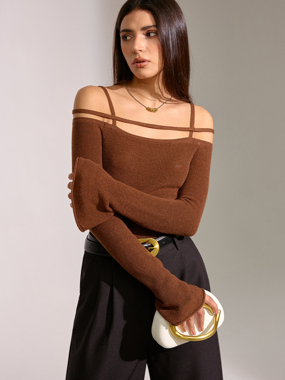 Flared Cuff Wool Blend Off-Shoulder Knit Top