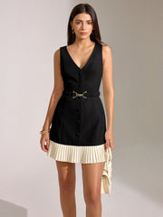 Contrast Pleated Hem Sleeveless Belted Mini Dress