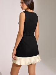 Contrast Pleated Hem Sleeveless Belted Mini Dress