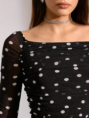 Semi-Sheer Mesh Polka Dot Ruched Off-Shoulder T-Shirt