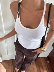 Ribbed Stretchy Faux Leather Buckle Vintage Tank Top