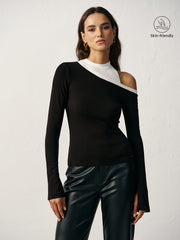Color Block Asymmetric Cut-Out Long Sleeve T-Shirt
