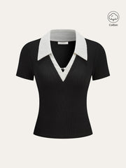 Contrast Lace Collar Cotton Blend T-Shirt