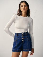 High-Waisted Button-Front Denim Short