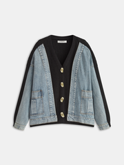 2 in 1 Denim Paneled Knit Cardigan