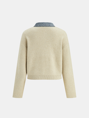 Denim Panel Zipper-Front Knit Cardigan