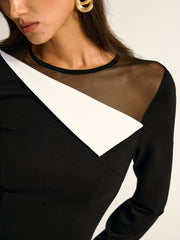 Mesh Neck Contrast Panel Asymmetrical Blouse