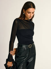 Mesh Panel Ruched Long Sleeve Bodysuit