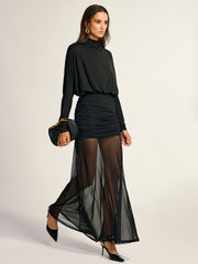 Turtleneck Long Sleeve Drape Ruched Mesh Dress