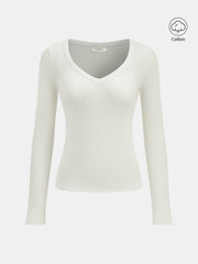 Cotton Blend Ribbed V-Neck Long Sleeve T-Shirt