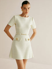 Metal Detail Tweed Belted Mini Dress
