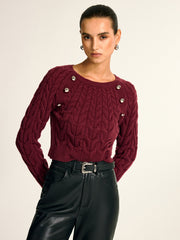 Metal Detail Cable Knit Round Neck Sweater