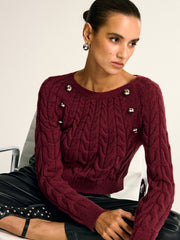 Metal Detail Cable Knit Round Neck Sweater