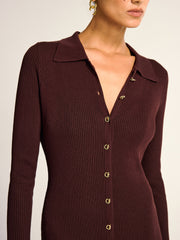 Metal Button Collar Ribbed Knit Midi Dress