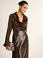 Satin Cowl Neck Long Sleeve Shirt