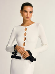 Contrast Ruffle Trim Cut-Out Knit Top