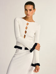 Contrast Ruffle Trim Cut-Out Knit Top