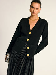 Metal Button V-Neck Wool Blend Cardigan