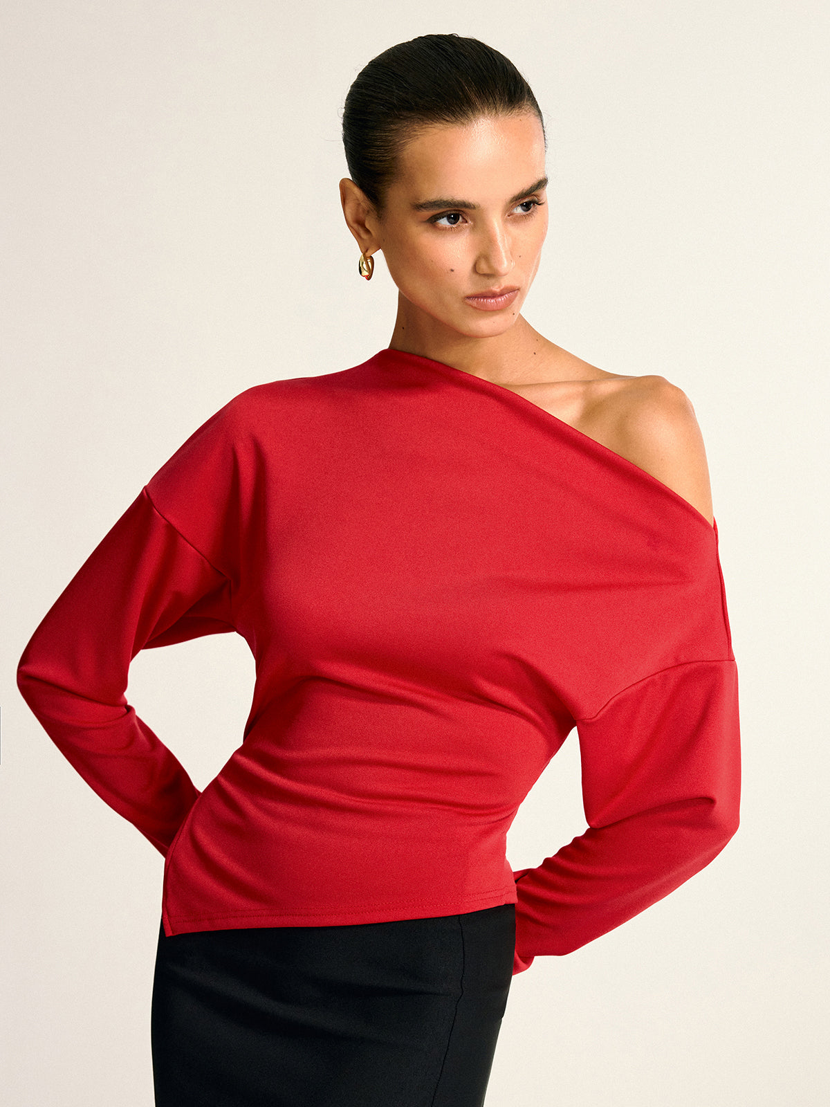 Asymmetric Off-Shoulder Split Long Sleeve Blouse