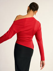 Asymmetric Off-Shoulder Split Long Sleeve Blouse