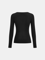 Button Placket Ribbed Knit Fitted V-Neck Top