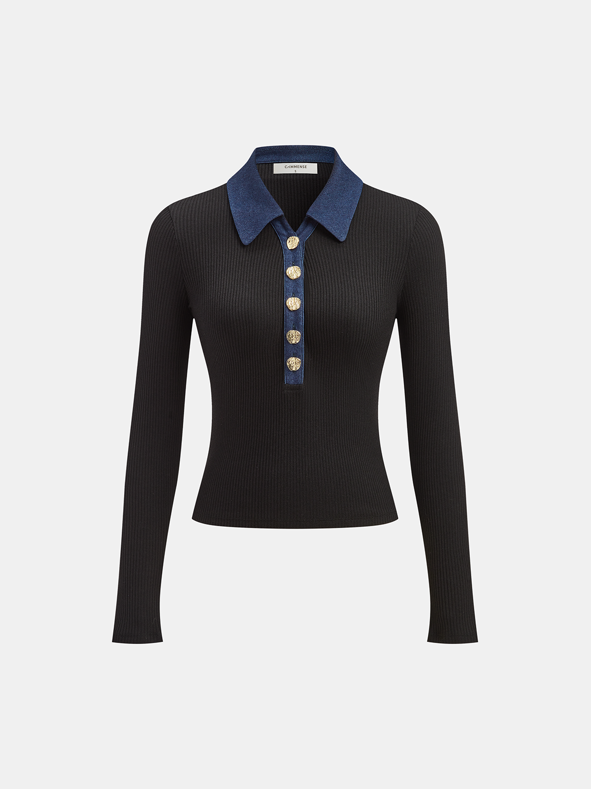 Contrast Collar Metal Button Ribbed Knit T-Shirt