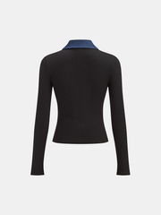 Contrast Collar Metal Button Ribbed Knit T-Shirt