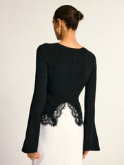 Lace Hem Bell Sleeve Wool Blend Knit Top