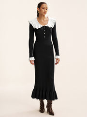 Contrast Ruffled Collar Knit Midi Dress