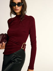 Metal Buckle Asymmetric Mock Neck Blouse